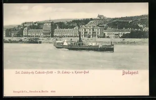 AK Budapest, St. Lukas- u. Kaiser-Bad, Flusspartie mit Dampfer