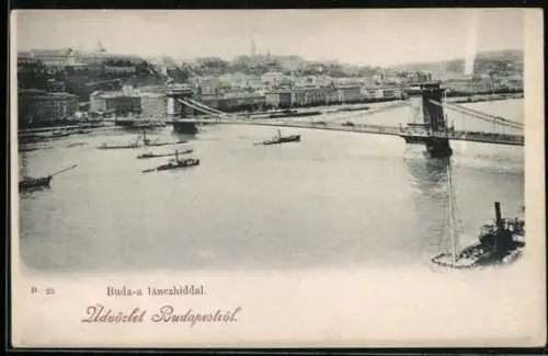 AK Budapest, Kettenbrücke und Flusspartie aus der Vogelschau