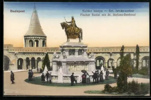 AK Budapest, Fischer Bastei mit St. Stefans-Denkmal