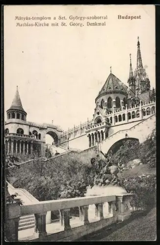 AK Budapest, Mathias-Kirche mit St. Georg-Denkmal