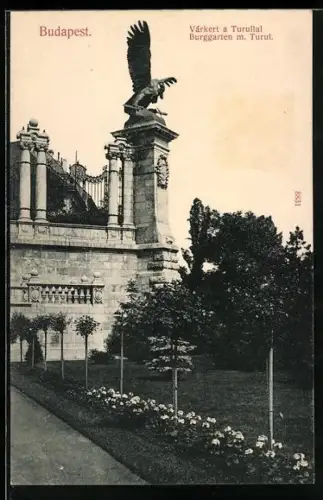 AK Budapest, Burggarten mit Turul, Várkert a Turullal