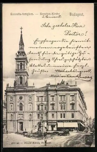 AK Budapest, Serviten-Kirche mit Geschäft R. I. Zelenkai