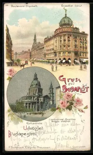 Lithographie Budapest, Boulevard Elisabeth und Kathedrale