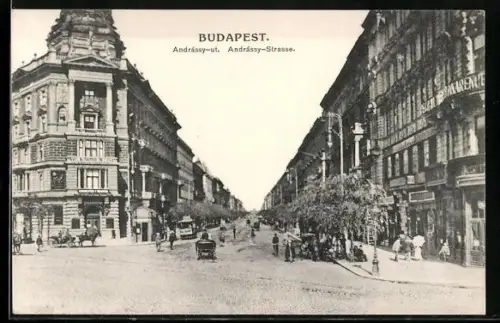 AK Budapest, Andrássy-Strasse mit Geschäften