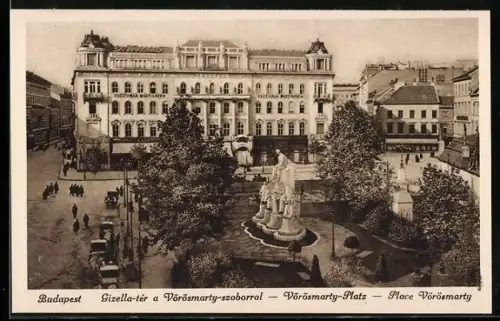 AK Budapest, Vörösmarty-Platz, Gizella-tér a Vörösmarty-szoborral