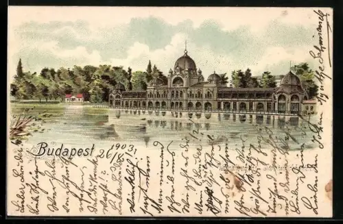 Lithographie Budapest, Stadtwäldchen, Blick aufs Ufer des Stadtwäldchenteiches