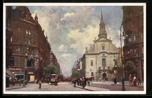 Künstler-AK Budapest, Franziskanerplatz mit Passanten