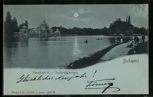 Mondschein-AK Budapest, Stadtwäldchenteich mit Passanten