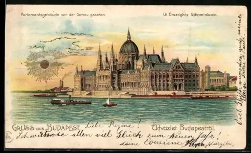 Lithographie Budapest, Parlamentsgebäude von der Donau gesehen