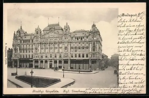 AK Budapest, Kgl. Zinshaus mit Strassenpartie