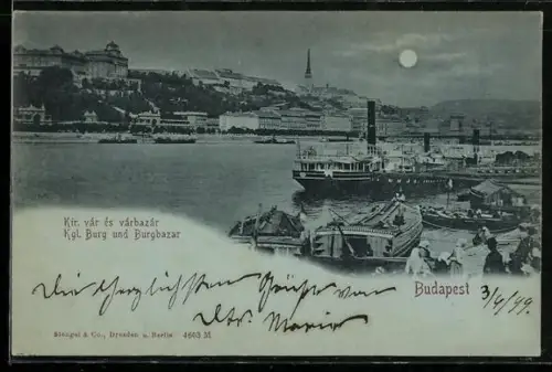 Mondschein-AK Budapest, Kgl. Burg und Burgbazar