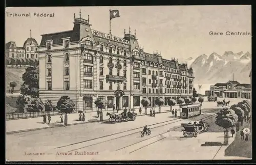 AK Lausanne, Avenue Ruchonnet avec Hotel de L`Europe, Gare Centrale et Tribunal Fédéral