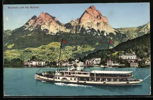 AK Brunnen, Dampfer Stadt Luzern vor der Stadt, Blick auf die Mythen