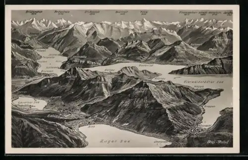 Künstler-AK Rigi-Kulm, Panorama mit Vitznau, Gersau und Greppen, Finsteraarhorn, Wetterhorn und Jungfrau