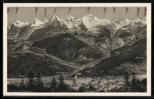 Künstler-AK Interlaken /Berner Oberland, Teilansicht mit Rugen, Gsteig-Wilderswil und Isenfluh, Jungfrau, Mönch u. Eiger