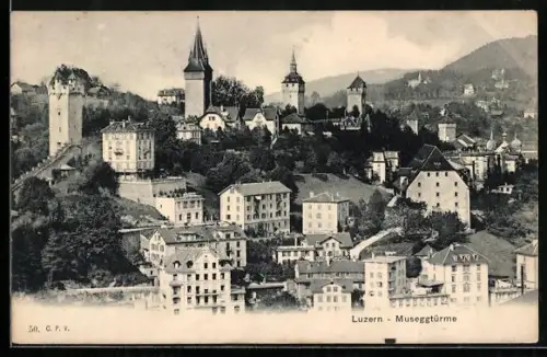 AK Luzern, Teilansicht mit Museggtürmen