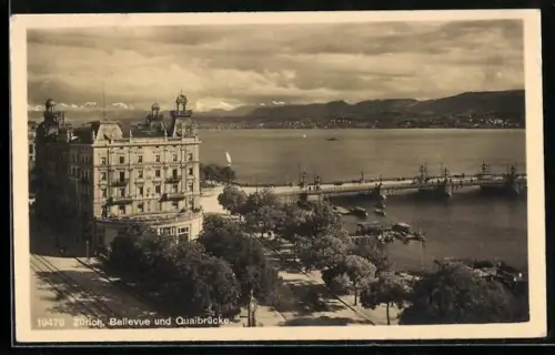AK Zürich, Hotel Bellevue und Quaibrücke
