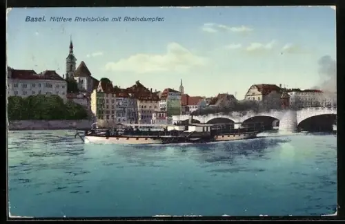 AK Basel, Mittlere Rheinbrücke mit Rheindampfer