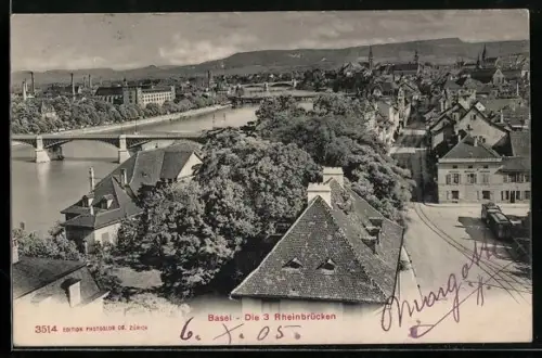 AK Basel, Teilansicht mit den 3 Rheinbrücken