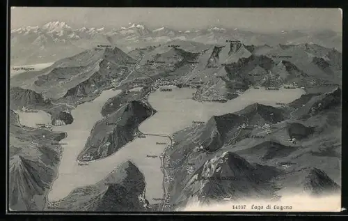 AK Lugano, Karte mit dem Lago du Lugano und angrenzenden Orten
