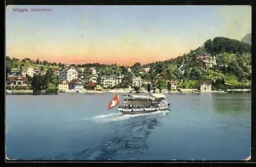 AK Weggis, Unterdorf mit Dampfer