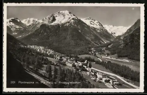 AK Pontresina, Ortsansicht aus der Vogelperspektive mit Piz Palü und Roseggletscher