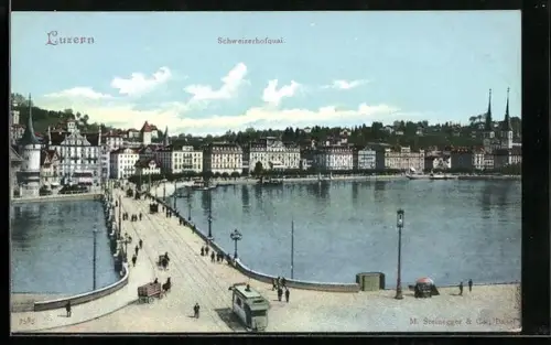 AK Luzern, Schweizerhofquai und Brücke mit Strassenbahn