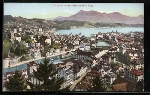 AK Luzern, Gesamtansicht aus der Vogelschaum mit Gütsch & Rigi