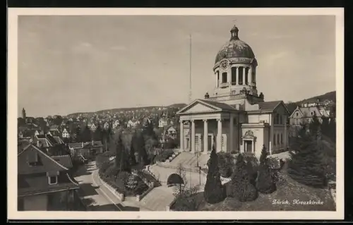 AK Zürich, Kreuzkirche mit Strassenpartie