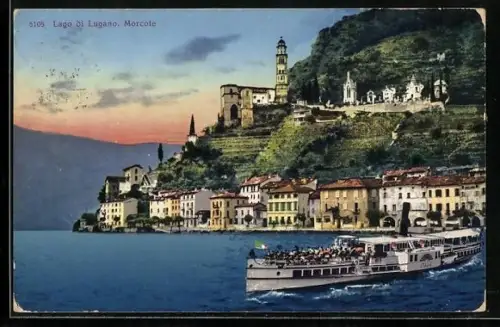 AK Morcote /Lago di Lugano, Panorama mit Dampfer