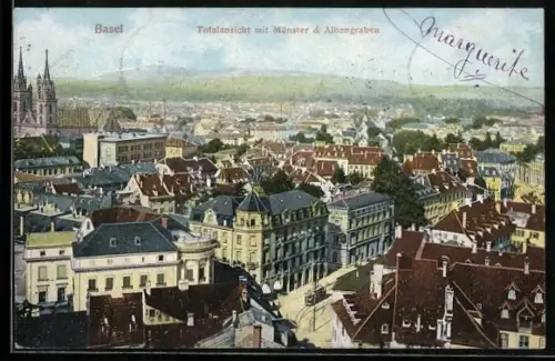 AK Basel, Totalansicht mit Münster, Albangraben und Strassenbahn