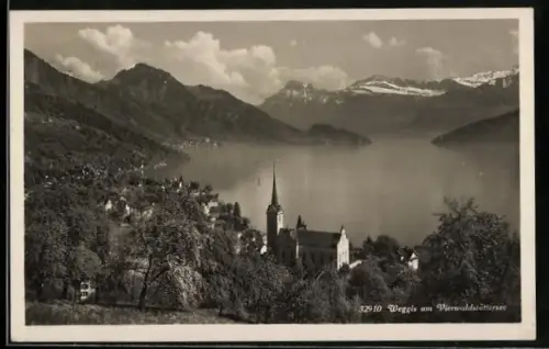 AK Weggis am Vierwaldstättersee, Uferpartie mit Kirche