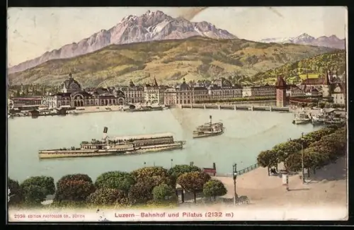 AK Luzern, Bahnhof und Pilatus