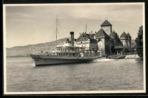 AK Château de Chillon, Panorama mit Dampfer