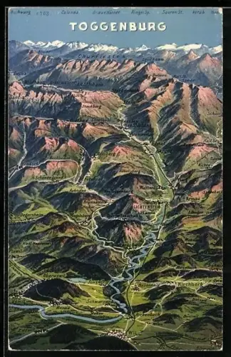 Künstler-AK Toggenburg, Panorama mit Lichtensteig, Wattwil und Oberuzwil, Calanda, Hochwang und Ringel Sp.