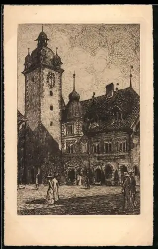 Künstler-AK Luzern, Kornmarkt mit dem alten Rathaus