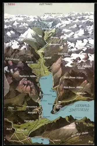 Künstler-AK Brunnen /Vierwaldstättersee, Panorama mit Emmeten, Rigi-Scheidegg und Gersau, Gotthard Hospiz und Bristen
