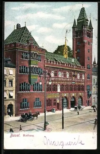 AK Basel, Rathaus mit Strassenpartie
