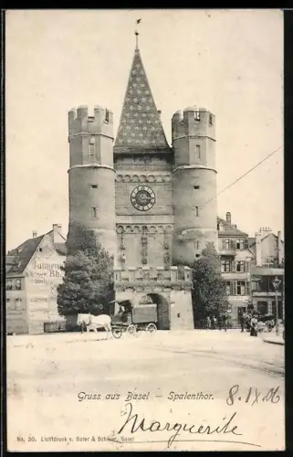 AK Basel, Spalentor mit Strassenpartie