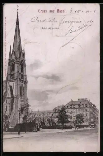 AK Basel, Strassenpartie mit Kirche