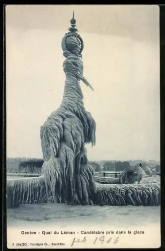 AK Genève, Quai du Léman, Candélabre pris dans la Glace