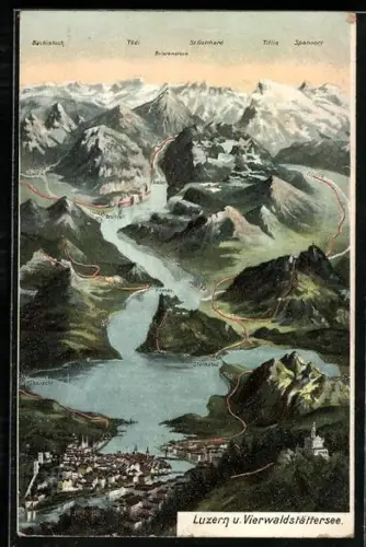 Künstler-AK Luzern /Vierwaldstättersee, Teilansicht mit Stansstad, Küssnacht und Vitznau, Tödi und Spannort