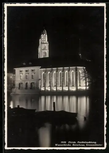 AK Zürich, Wasserkirche, Helmhaus und Grossmünster in Festbeleuchtung