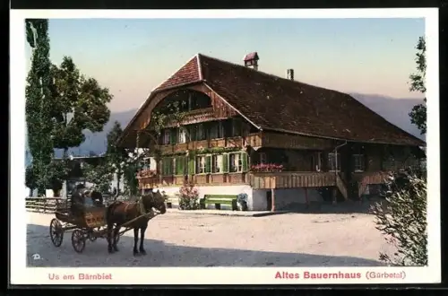 AK Wattenwil, Pferdekutsche am altem Bauernhaus, Us em Bärnbiet
