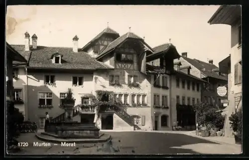 AK Murten /Morat, Brunnenplatz mit Alkoholfr. Restaurant-Pension