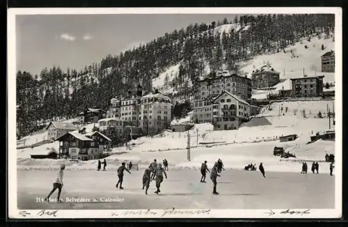 AK St. Moritz, Hotels Belvedere u. Calonder im Winter, Schlittschuhläufer