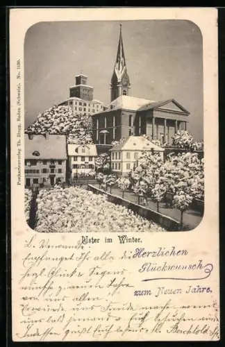 AK Uster, Teilansicht mit Kirche im Winter