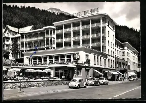 AK Davos, Hotel Europe Fam. Flüeler mit Strasse