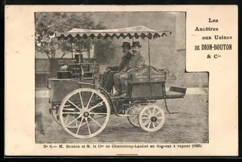 AK M. Bouton et M. le Cte. de Chasseloup en dog-car à vapeur Dion Bouton, 1885