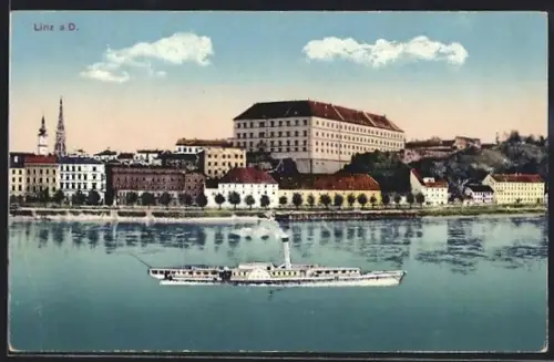 AK Linz a. D., Uferpartie mit Dampfer